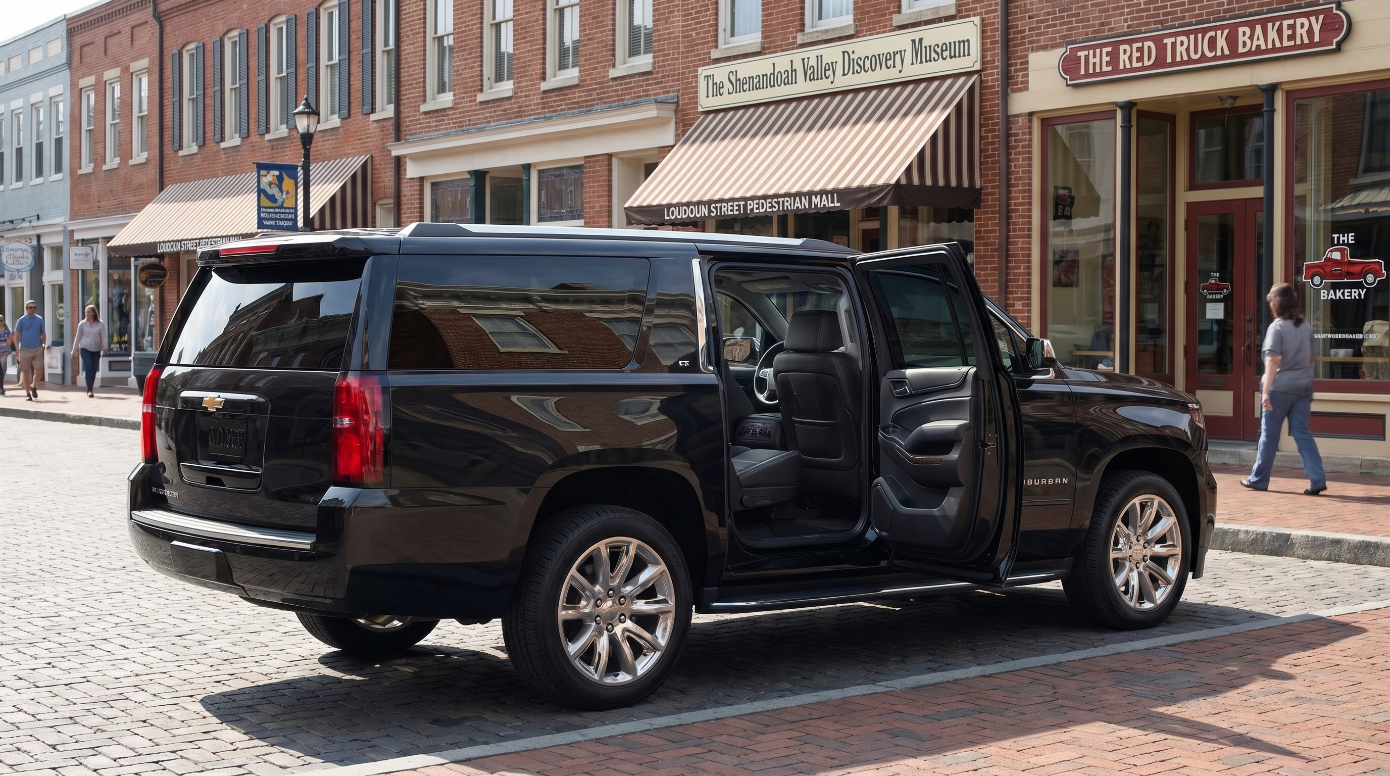 Black Chevrolet Suburban door detail, 5-Star Executive Chauffeuring, Winchester, VA